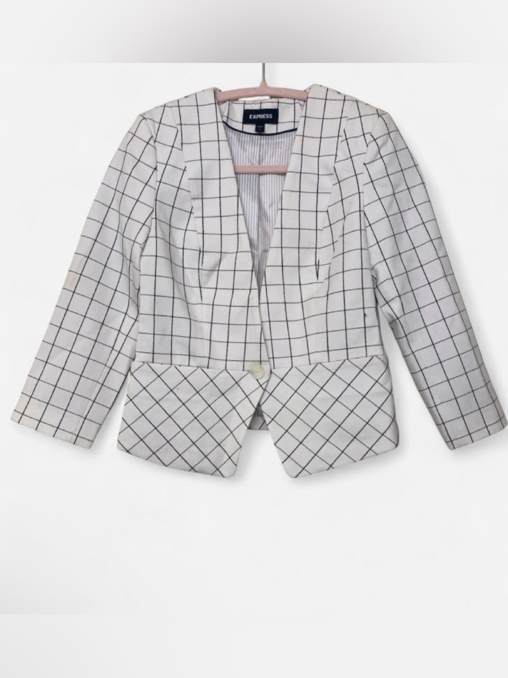 Express White Windowpane Plaid Tailored Single-Button Blazer